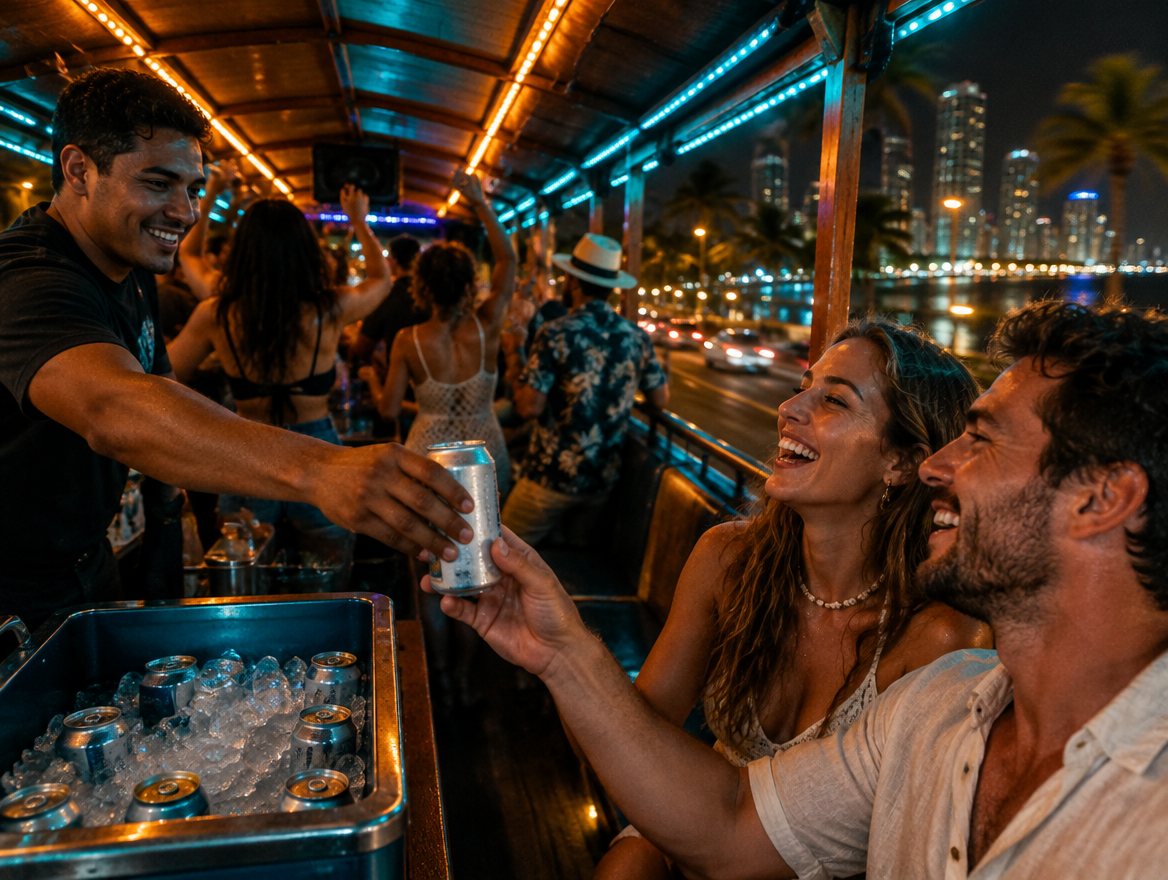 Bartender handing a beer on the chiva